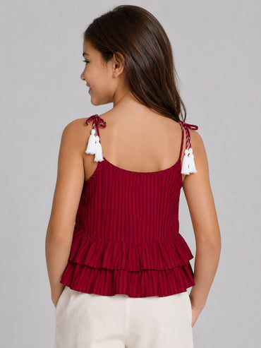 Hoop Hippo Maroon Spagetti Tassels Cotton Dyed Tie Up Top
