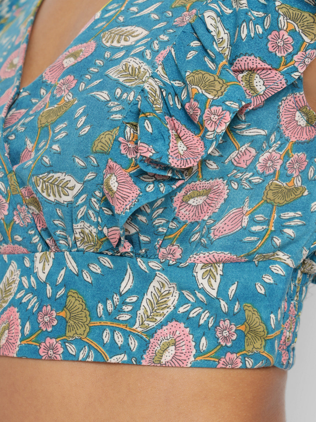Porsorte Womens Blue Floral Printed Rayon Crop Top with Ruffled Sleeves