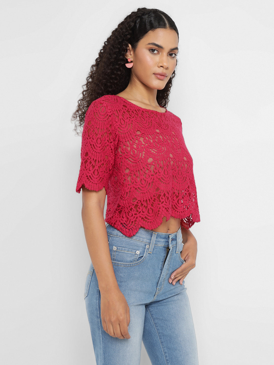 Porsorte Womens Red Crochet Lace Top ( No inner)
