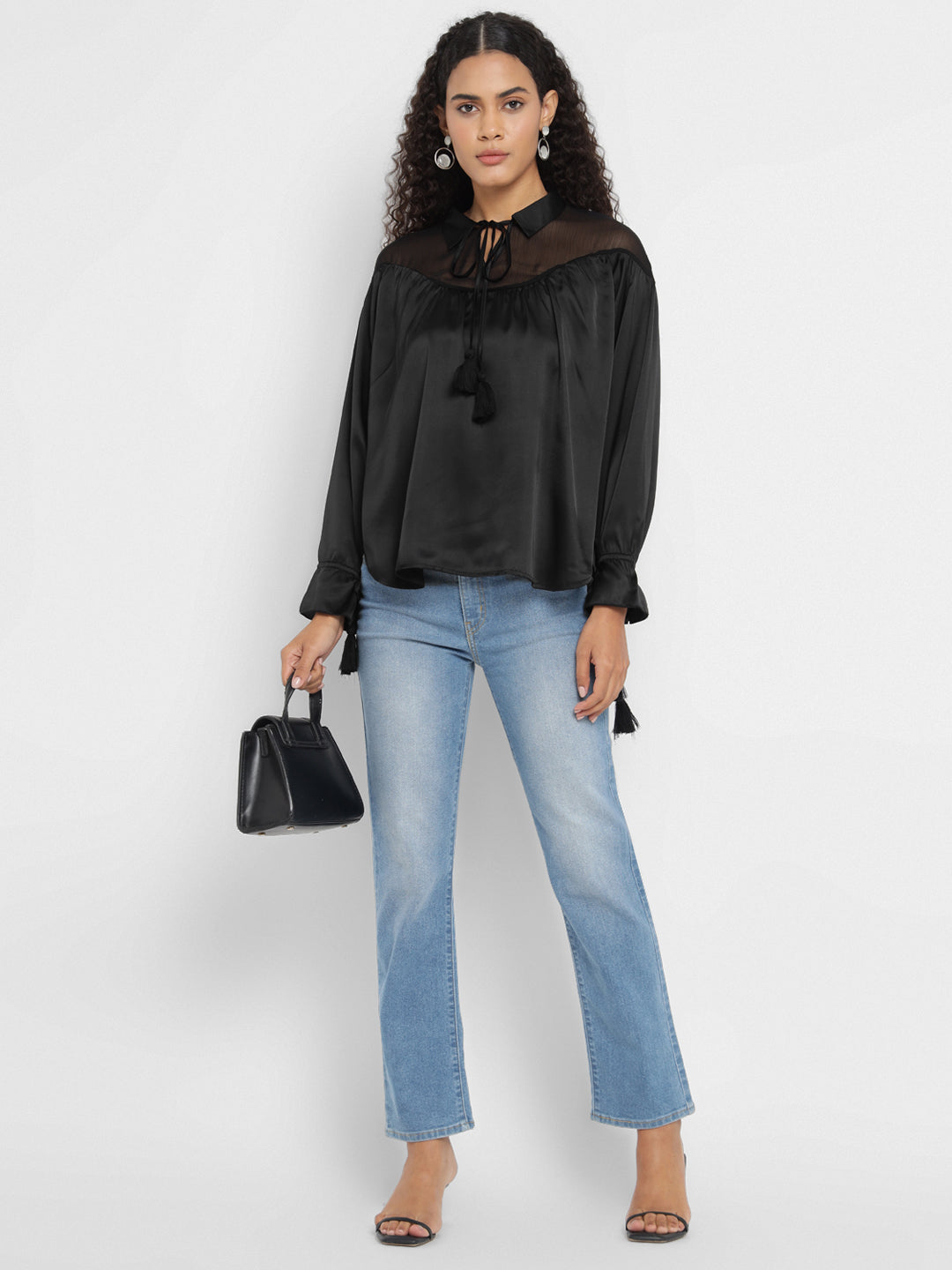 Porsorte Black Satin Tie-Neck Yoke Long-Sleeve Top for Party & Evening Wear