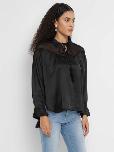 Porsorte Black Satin Tie-Neck Yoke Long-Sleeve Top for Party & Evening Wear