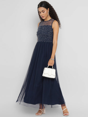 Porsorte Womens Navy Blue Shimmer Net Flare Sleeveless Dress for Women