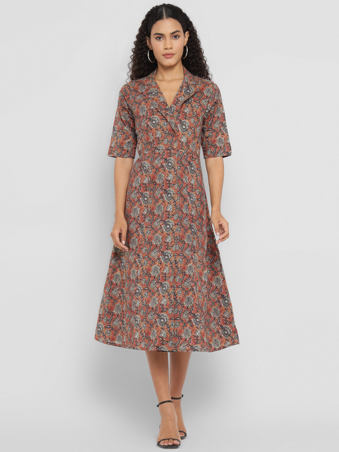Porsorte Womens Cotton Brown Printed Shirt Midi Dress