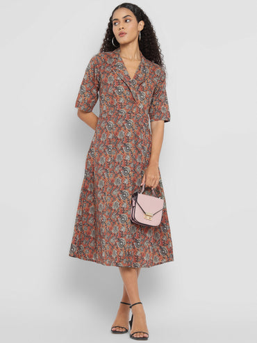 Porsorte Womens Cotton Brown Printed Shirt Midi Dress