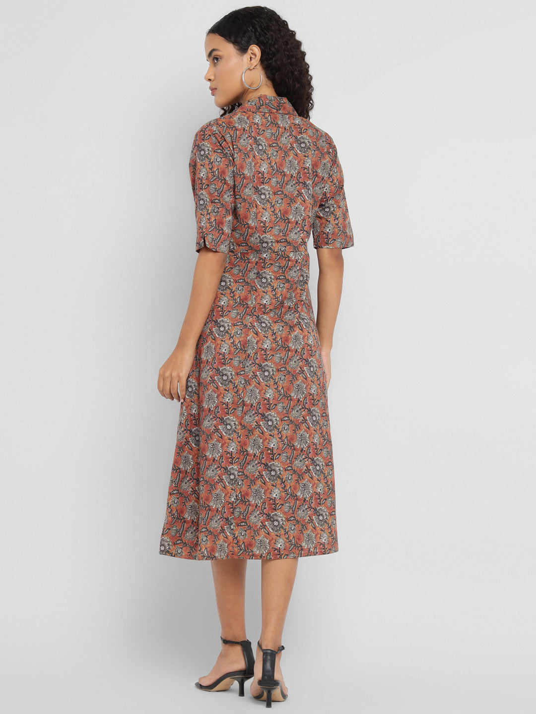 Porsorte Womens Cotton Brown Printed Shirt Midi Dress