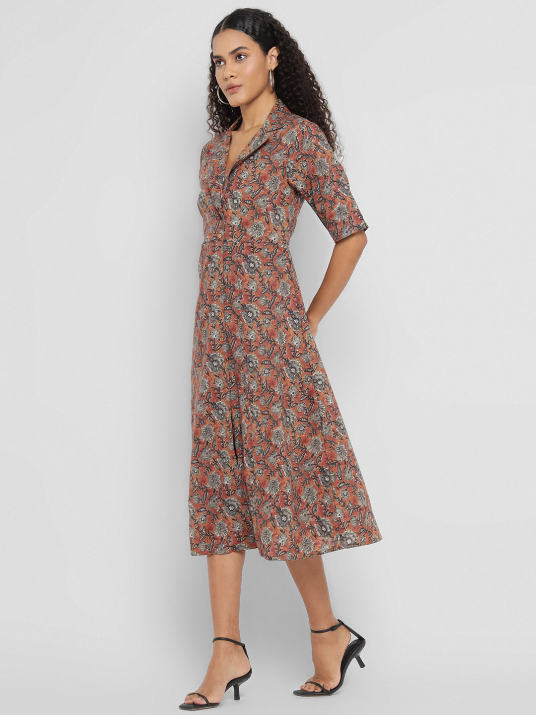 Porsorte Womens Cotton Brown Printed Shirt Midi Dress