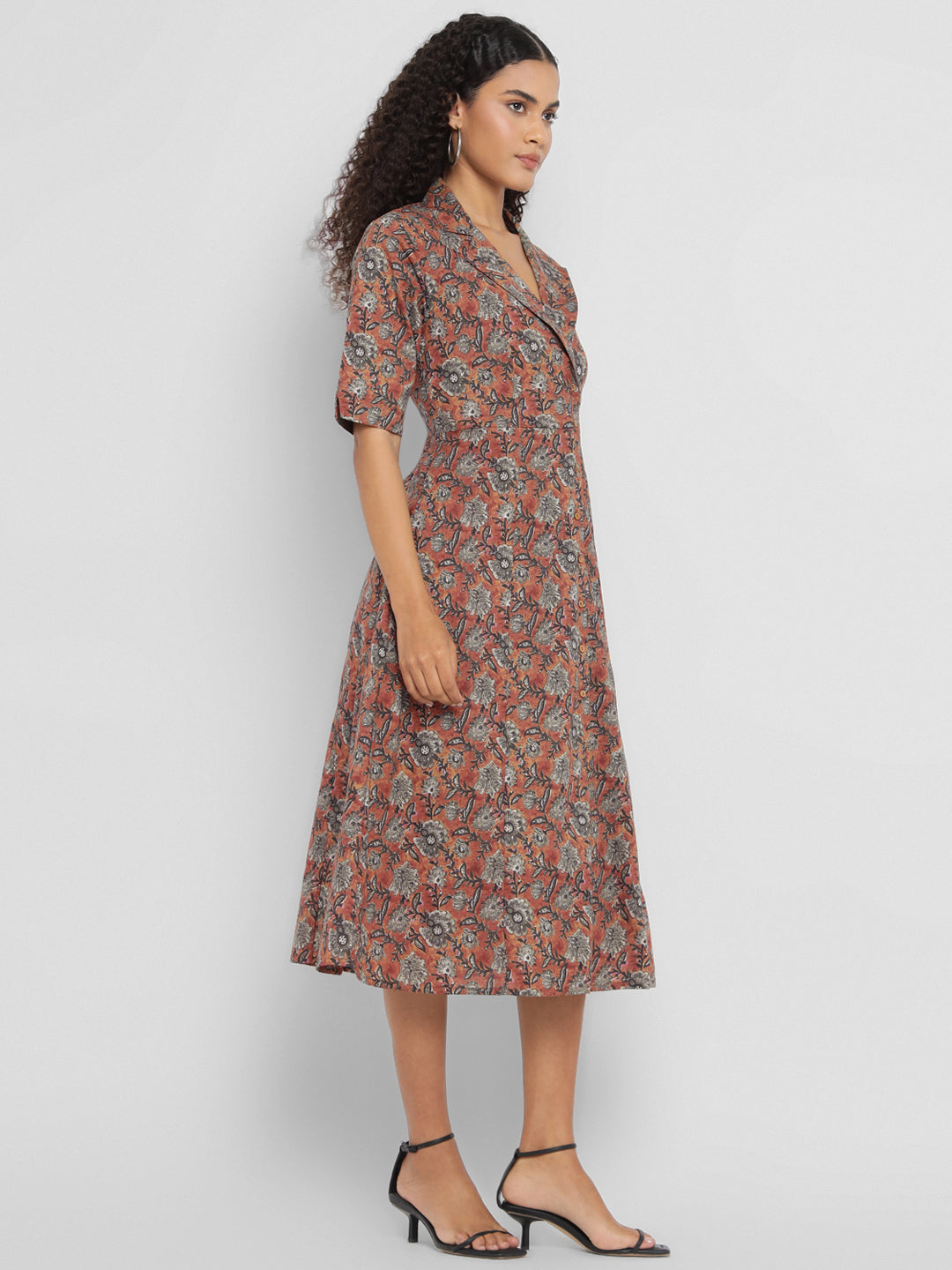 Porsorte Womens Cotton Brown Printed Shirt Midi Dress