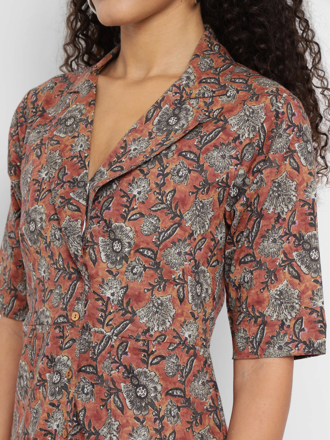 Porsorte Womens Cotton Brown Printed Shirt Midi Dress