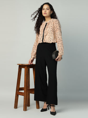 Porsorte Womens Georgette Dobby Peach Offwhite Dobby Polka Printed Button Down Shirt