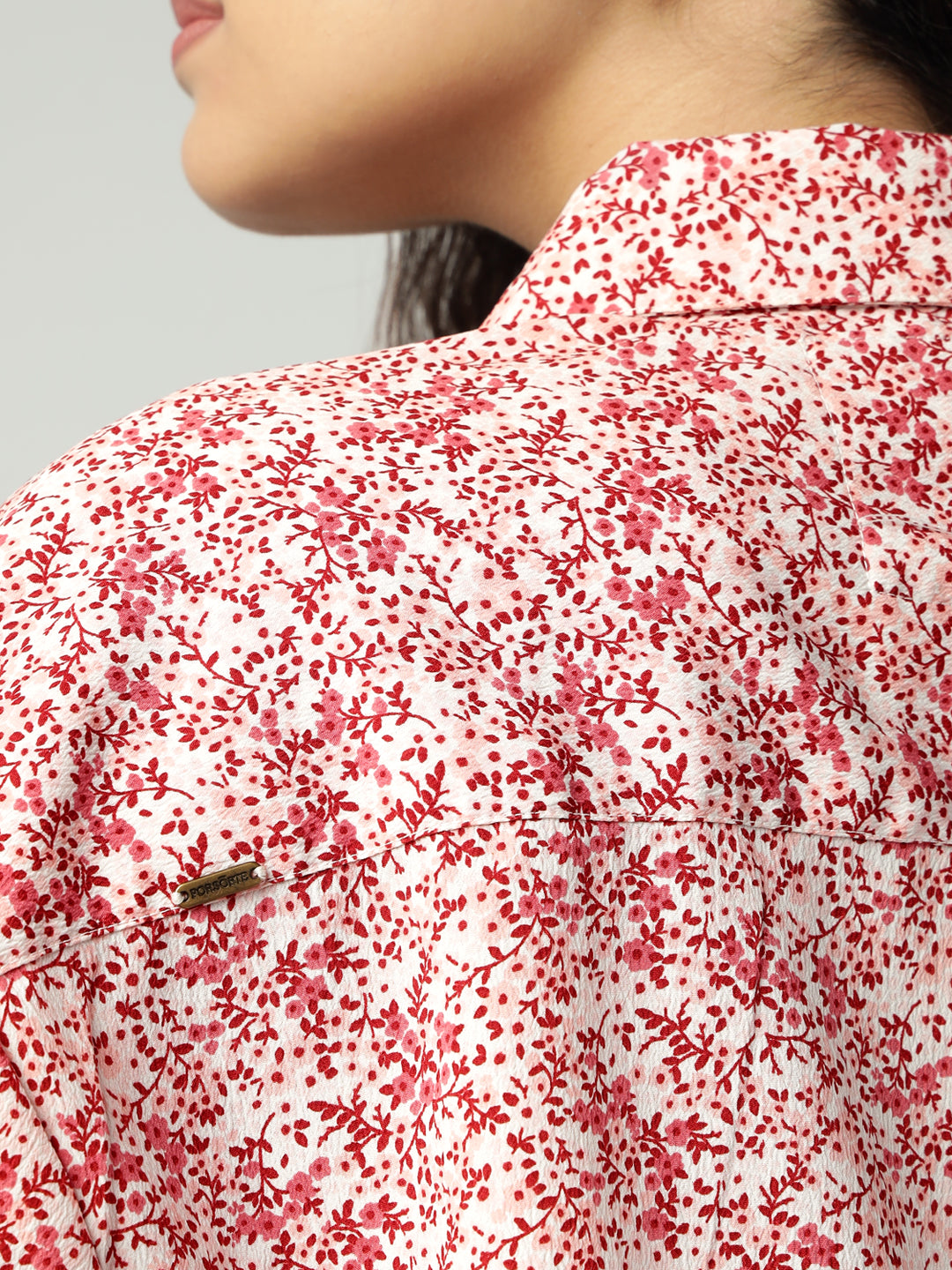 Porsorte Womens Crepe Red Offwhite Printed Button Down Shirt