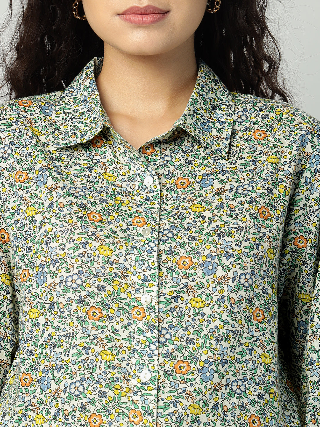 Porsorte Womens Cotton Green Printed Button Down Shirt