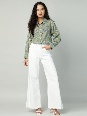 Porsorte Womens Cotton Green Printed Button Down Shirt