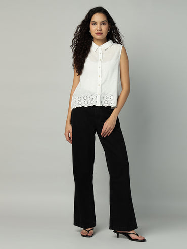 Porsorte Womens Cotton White Solid Sciffli Button Down Sleeveless Shirt