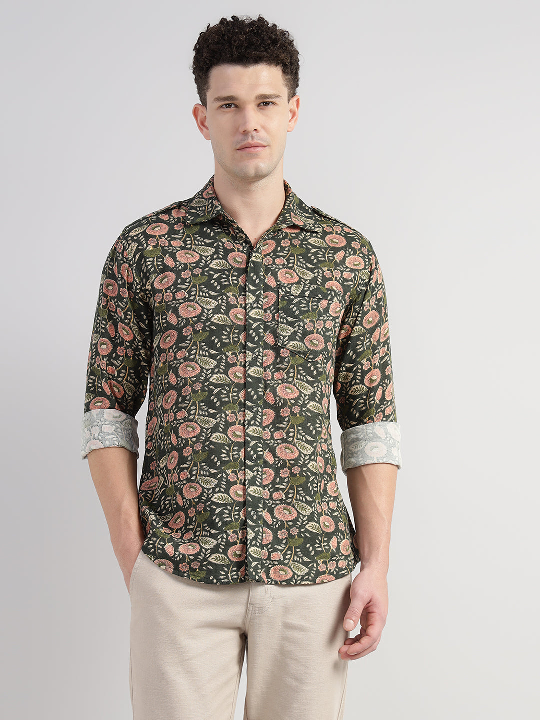 Porsorte Men's Green Printed Full Sleeve Casual Cotton Shirt