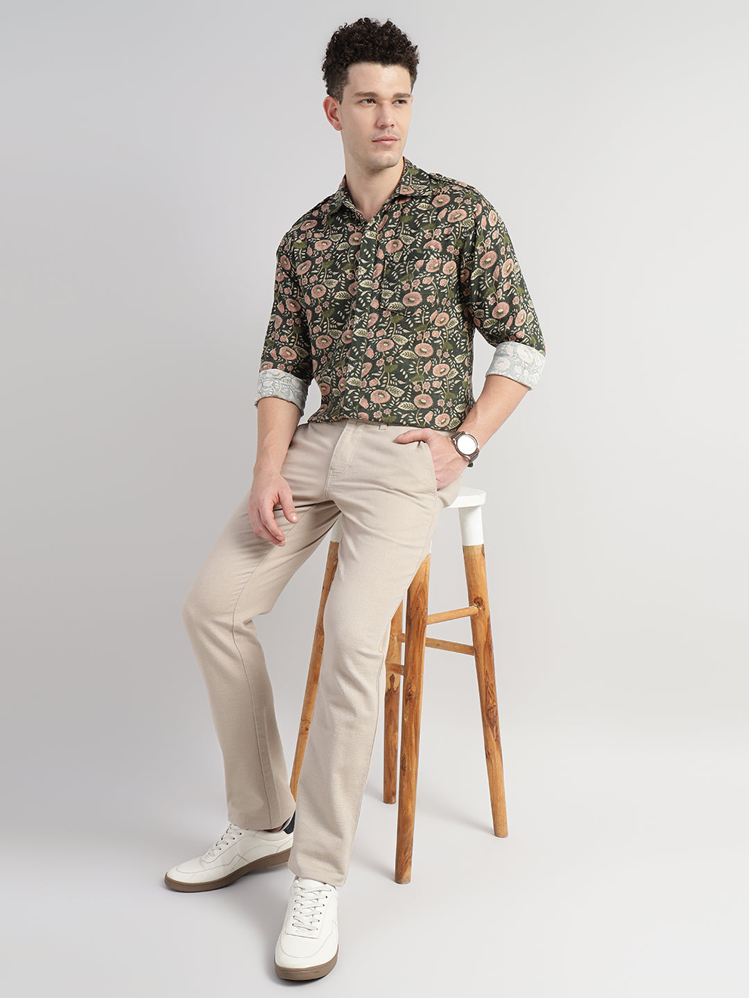 Porsorte Men's Green Printed Full Sleeve Casual Cotton Shirt