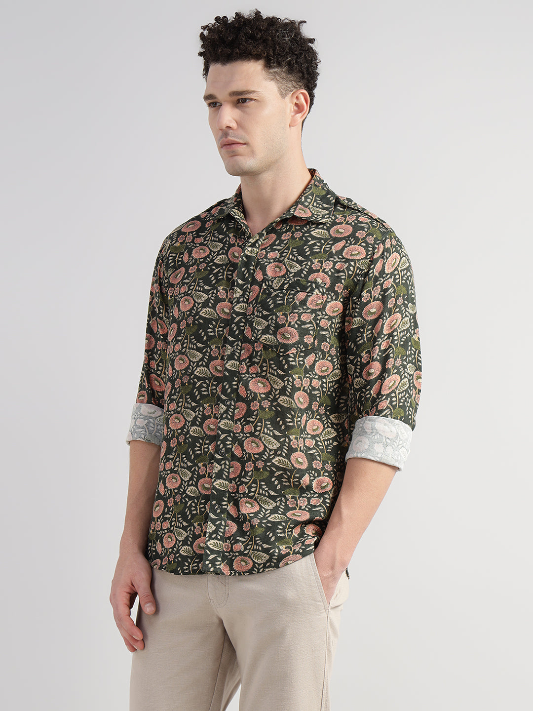 Porsorte Men's Green Printed Full Sleeve Casual Cotton Shirt
