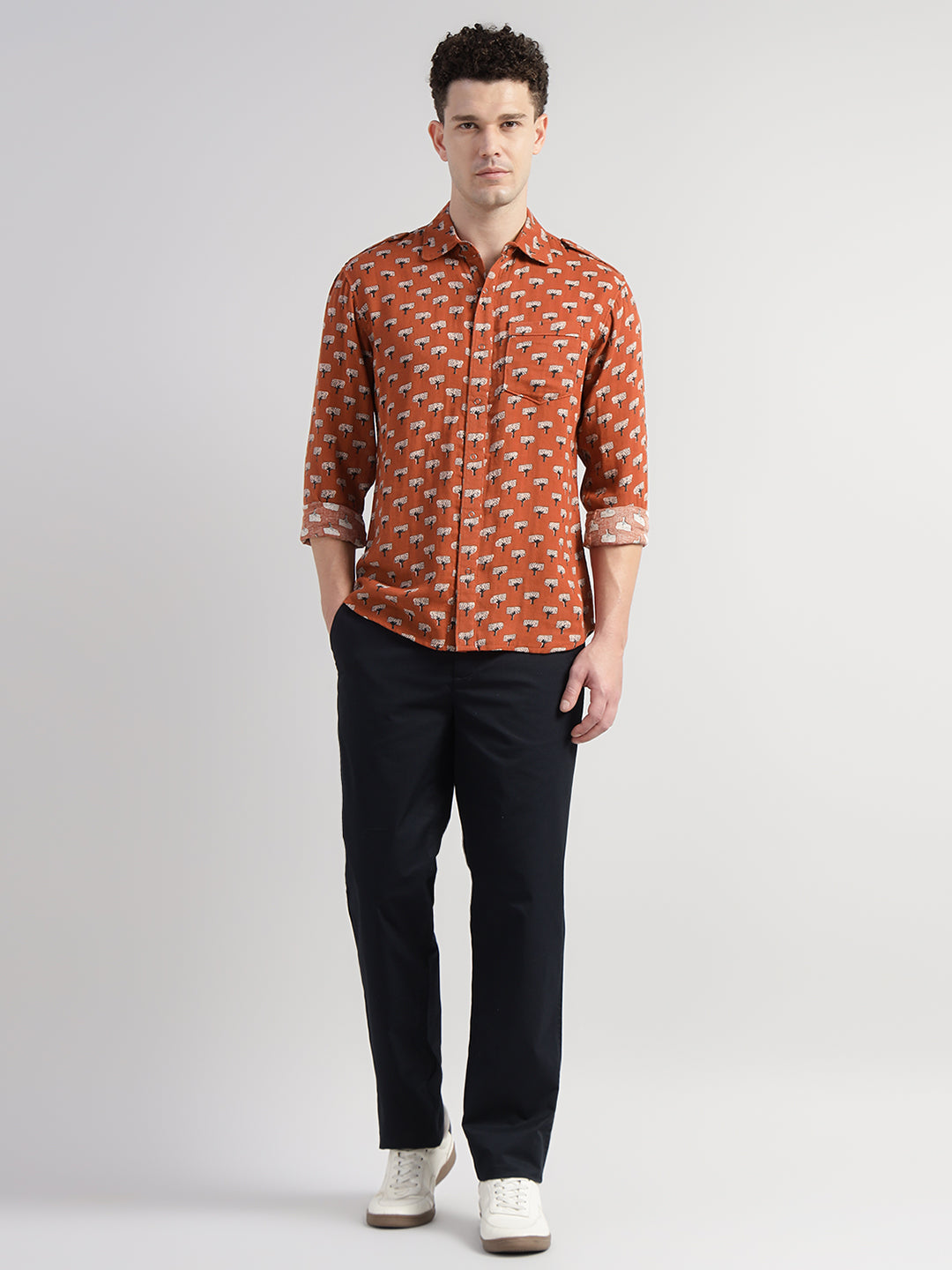 Porsorte Men's Orange Rust Printed Full Sleeve Casual Cotton Shirt