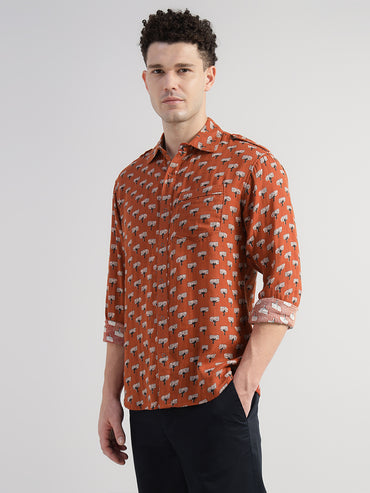 Porsorte Men's Orange Rust Printed Full Sleeve Casual Cotton Shirt