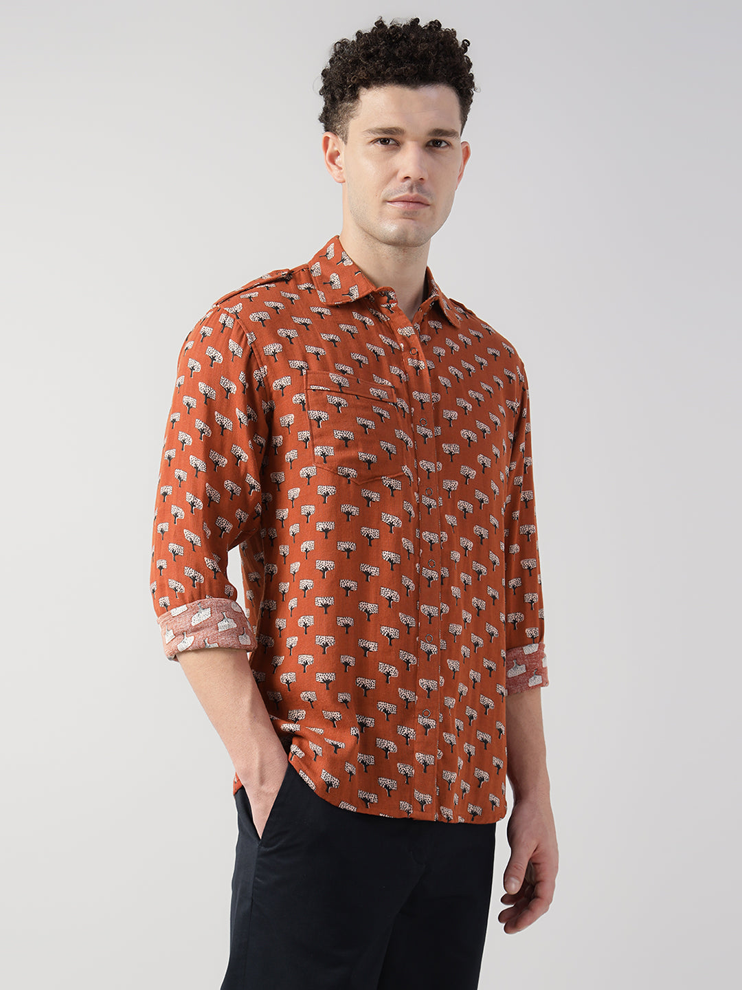 Porsorte Men's Orange Rust Printed Full Sleeve Casual Cotton Shirt