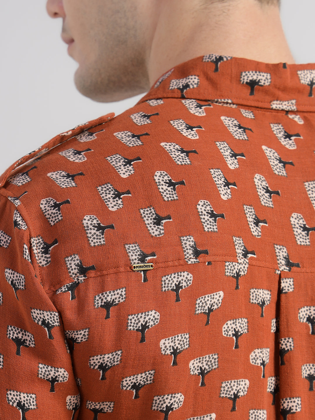 Porsorte Men's Orange Rust Printed Full Sleeve Casual Cotton Shirt