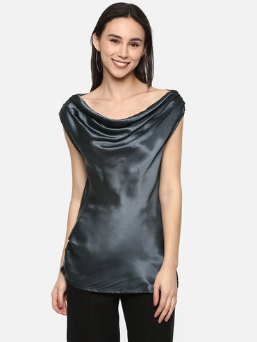 Porsorte Grey Satin Cowl Neck Top — Effortless Party Glam