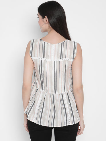 Porsorte Womens Cotton Viscose Stripes with Lace Embroidery tie-up Top