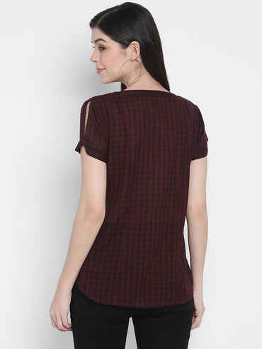PORSORTE Women's 100% Cotton Dyed checks Wine Shirt