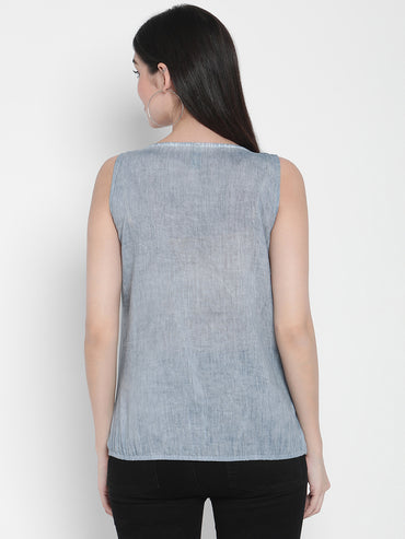 Porsorte Womens Denim Blue Cotton Voile Sleeveless Top