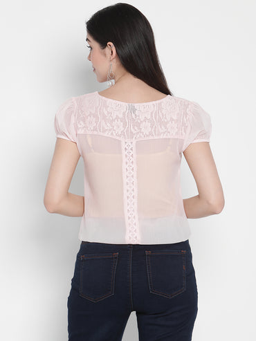 Porsorte Womens Light Pink Poly Chiffon Lace Detailing Top