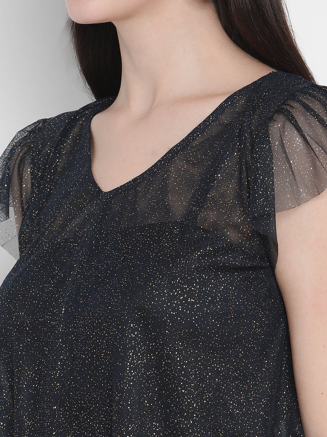 Porsorte Womens Polyester Mesh Sheer Navy Blue Top