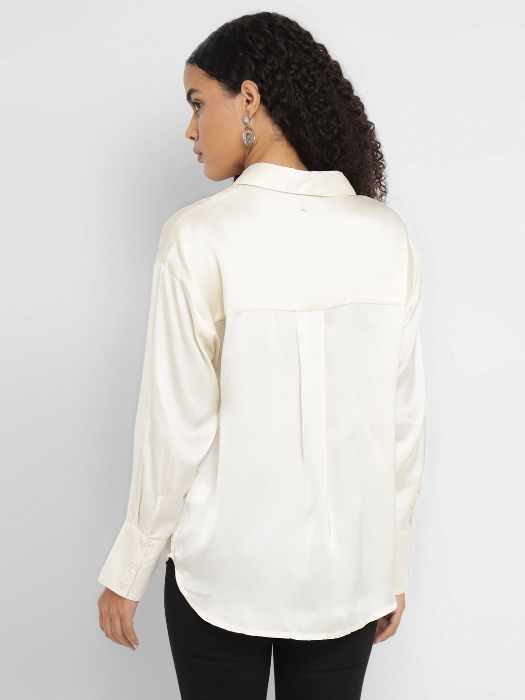 Porsorte Women’s Offwhite Satin Full Sleeves & Button-Down Collar Shirt