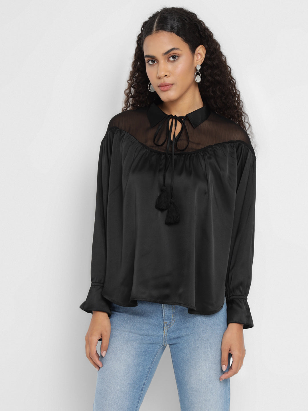 Porsorte Black Satin Tie-Neck Yoke Long-Sleeve Top for Party & Evening Wear