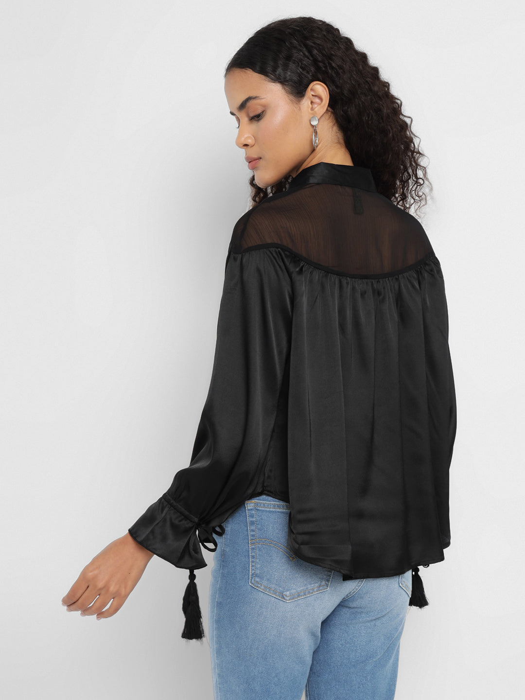 Porsorte Black Satin Tie-Neck Yoke Long-Sleeve Top for Party & Evening Wear