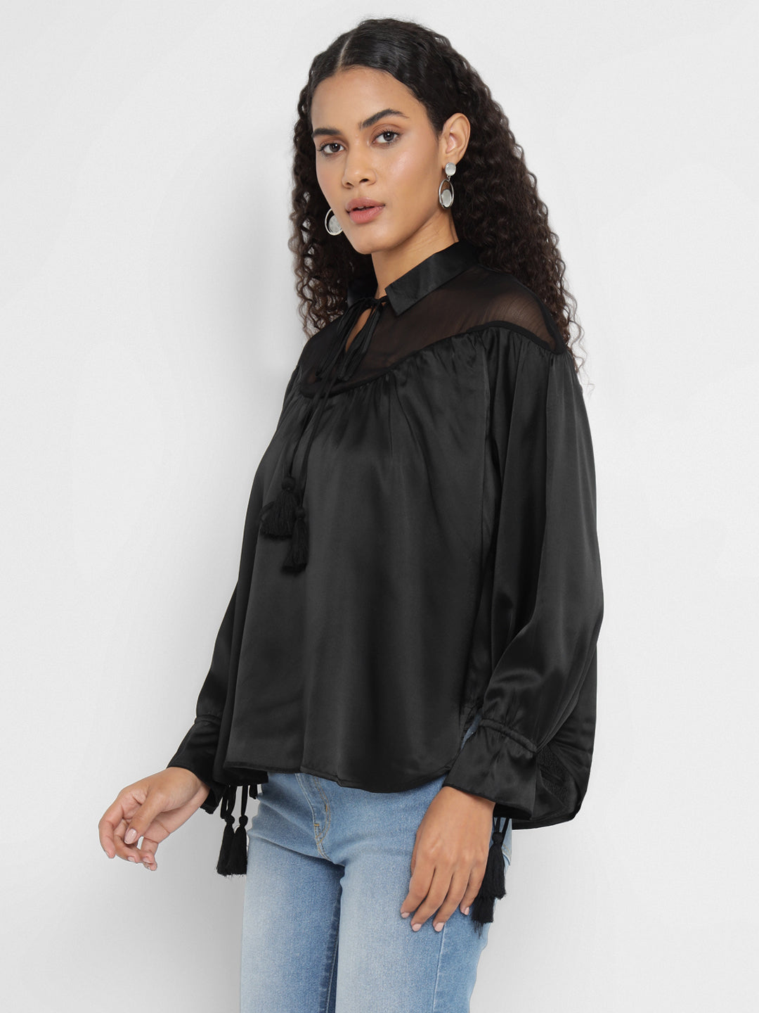 Porsorte Black Satin Tie-Neck Yoke Long-Sleeve Top for Party & Evening Wear