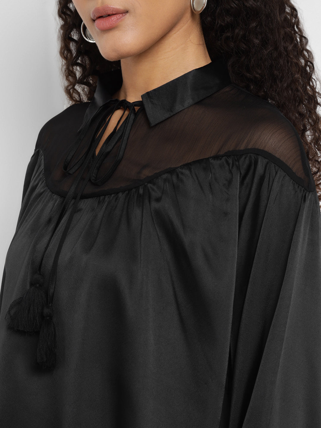 Porsorte Black Satin Tie-Neck Yoke Long-Sleeve Top for Party & Evening Wear