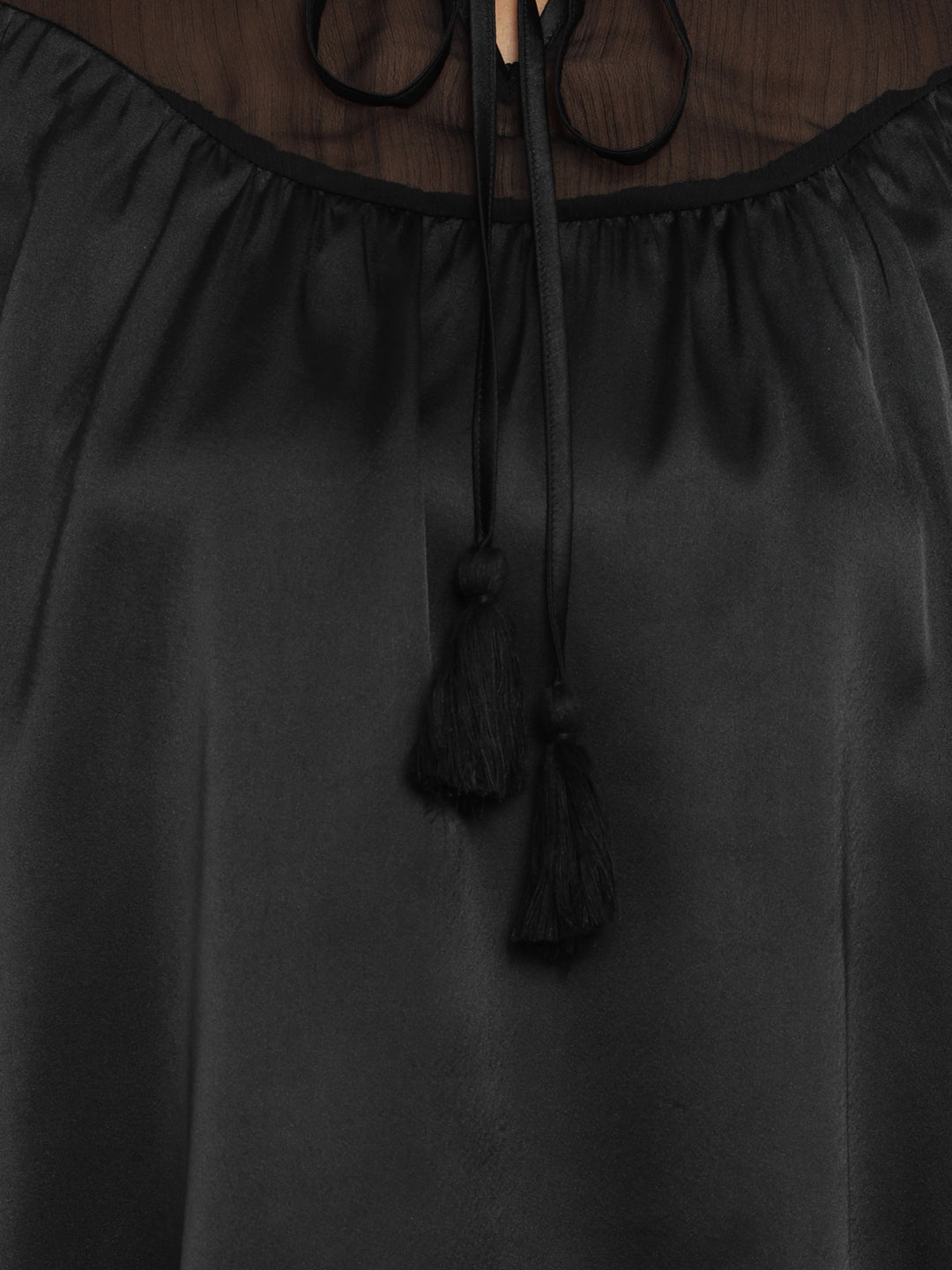 Porsorte Black Satin Tie-Neck Yoke Long-Sleeve Top for Party & Evening Wear