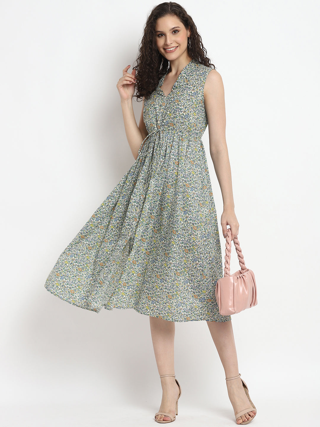 Porsorte Womens Ditsy Print Front Flap Tie Up Casual Dress
