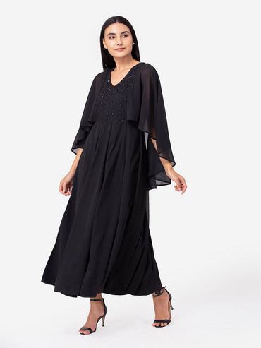 Porsorte Womens Partywear Black Maxi Dress