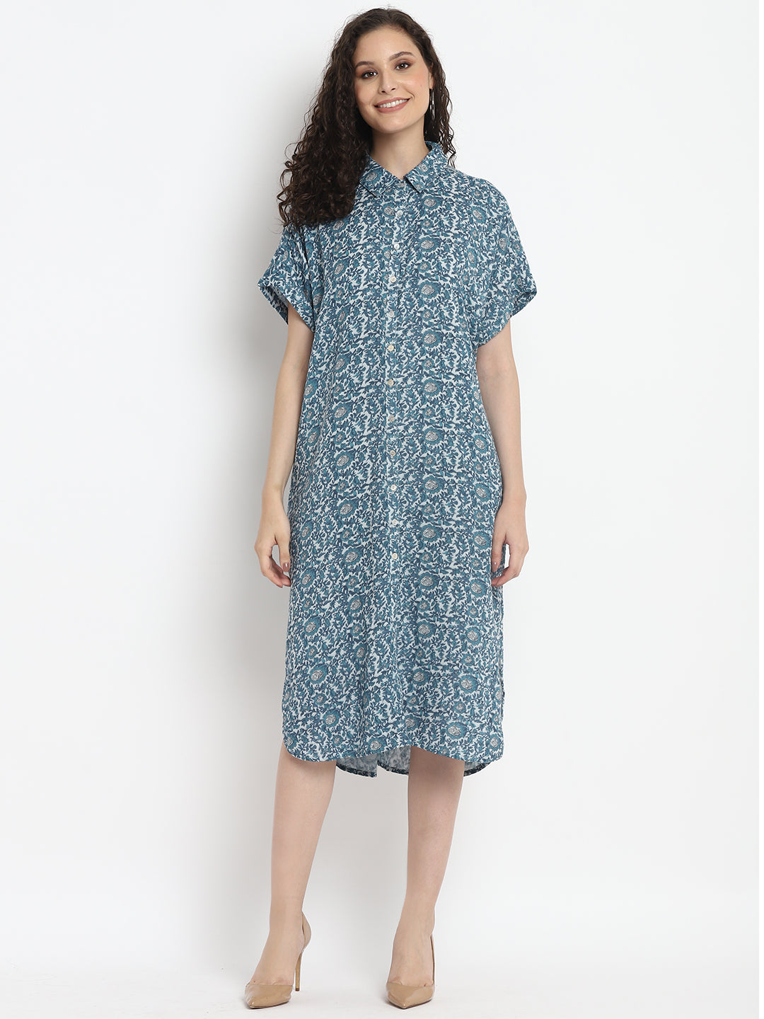 Porsorte Womens Ditsy Print Loose Fit Light Blue Shirt Dress