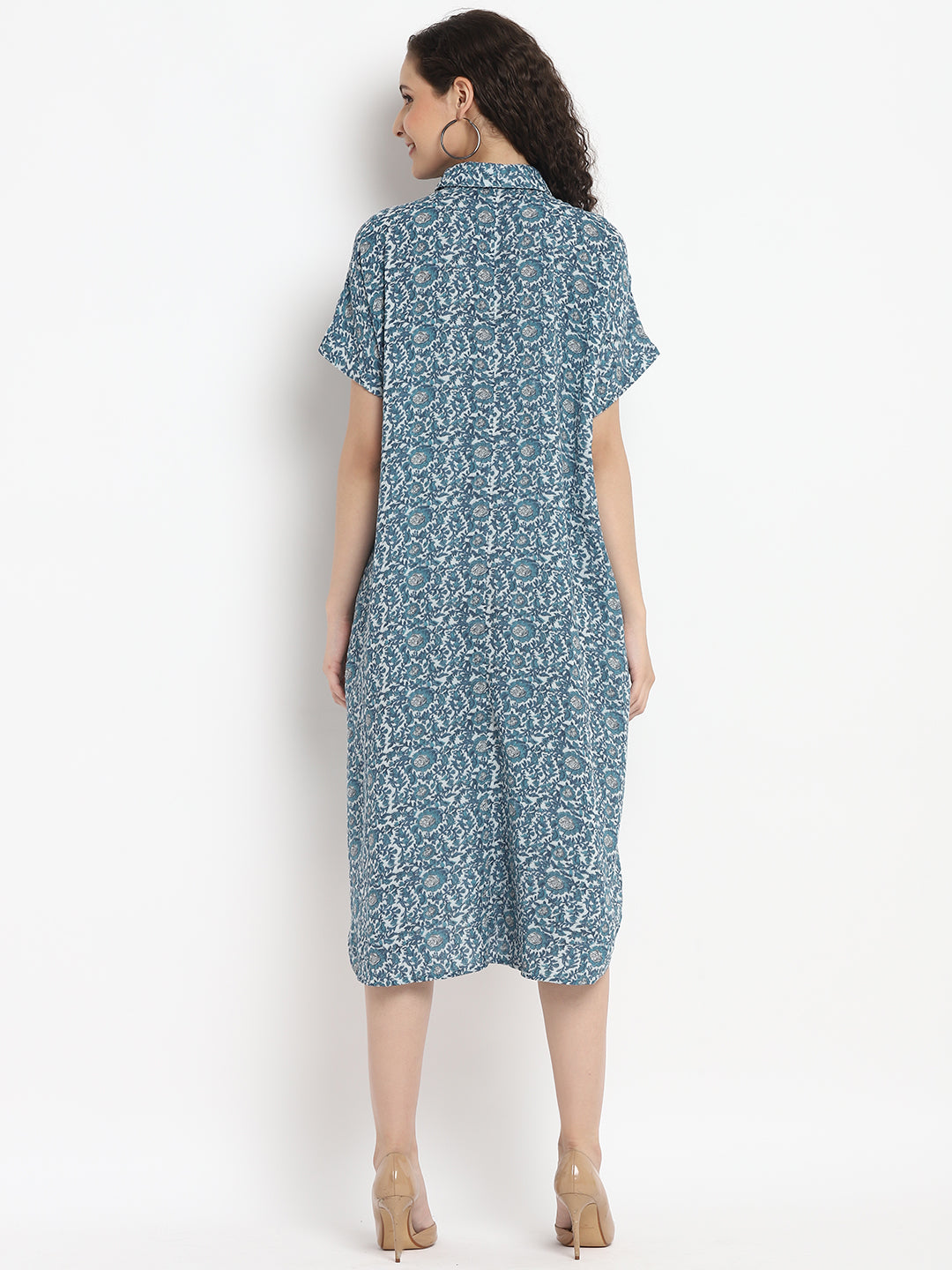 Porsorte Womens Ditsy Print Loose Fit Light Blue Shirt Dress
