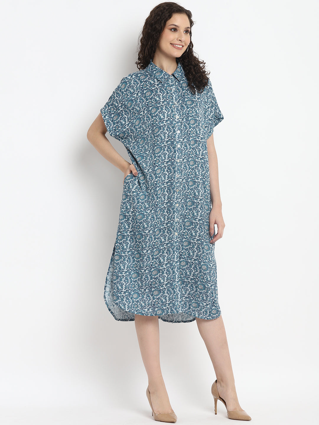 Porsorte Womens Ditsy Print Loose Fit Light Blue Shirt Dress