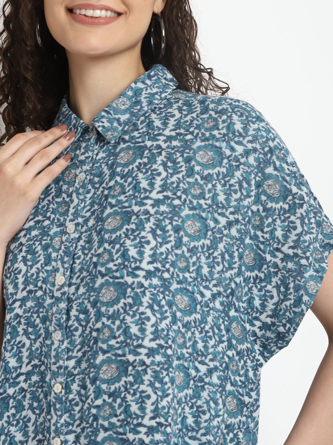 Porsorte Womens Ditsy Print Loose Fit Light Blue Shirt Dress