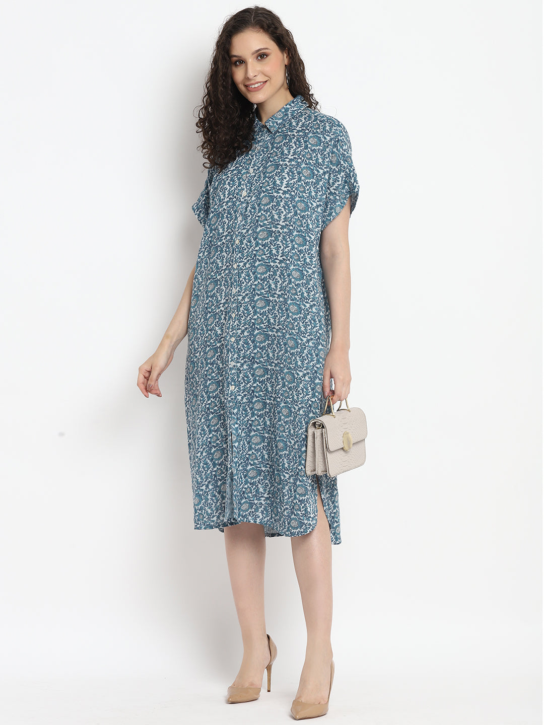 Porsorte Womens Ditsy Print Loose Fit Light Blue Shirt Dress