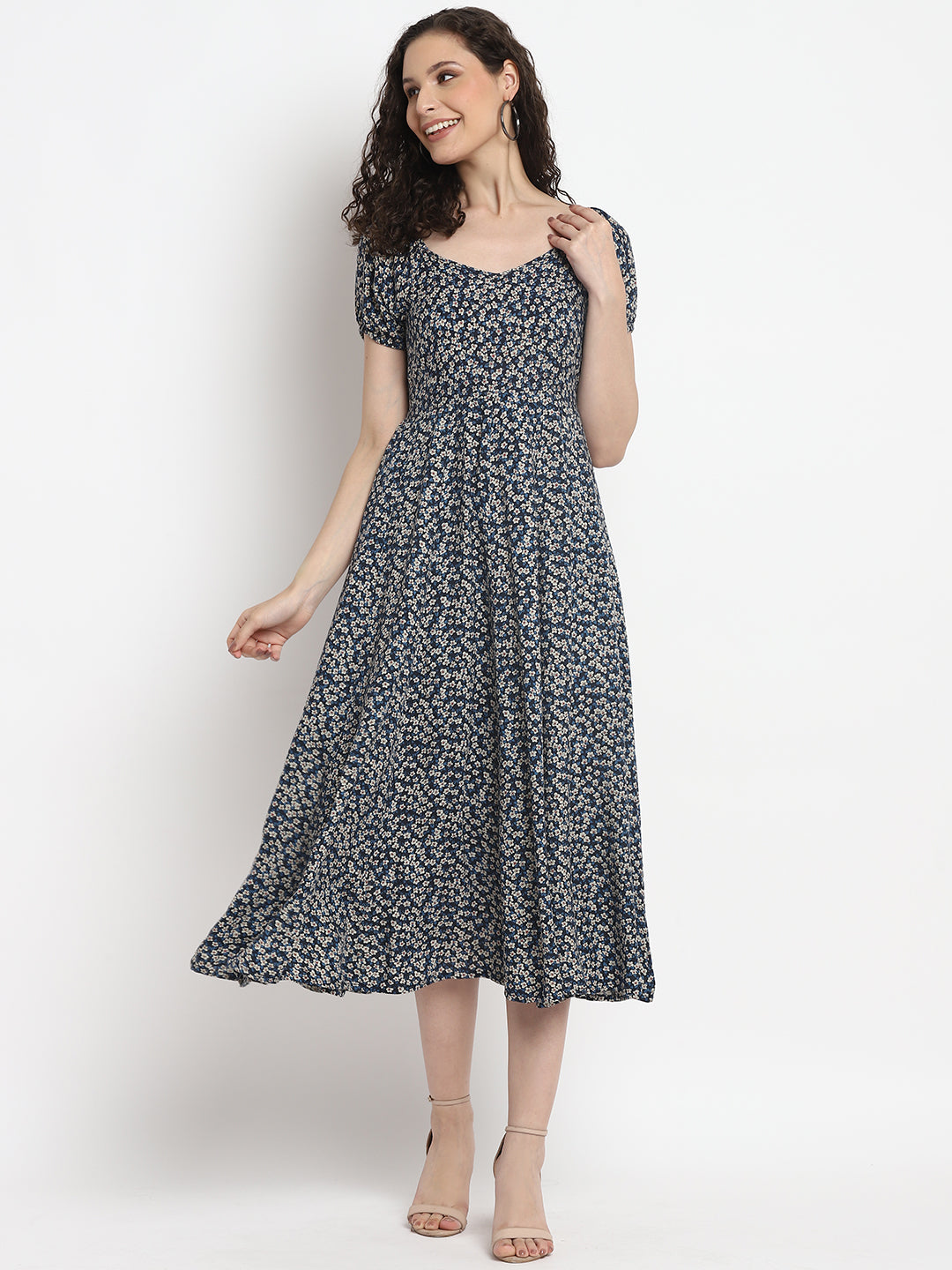 Porsorte Womens Ditsy Print Blue Puff Sleeve Midi Dress