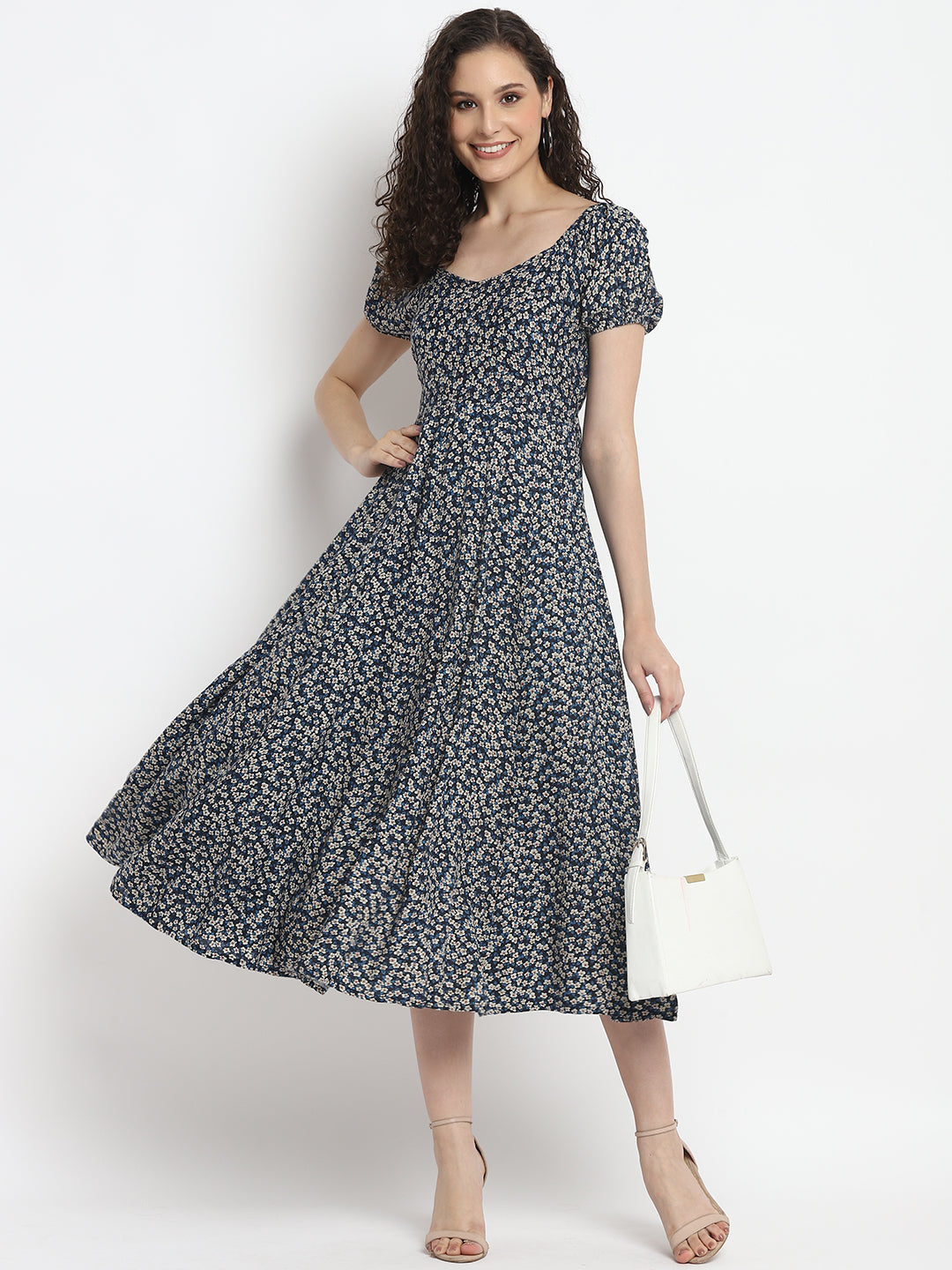 Porsorte Womens Ditsy Print Blue Puff Sleeve Midi Dress