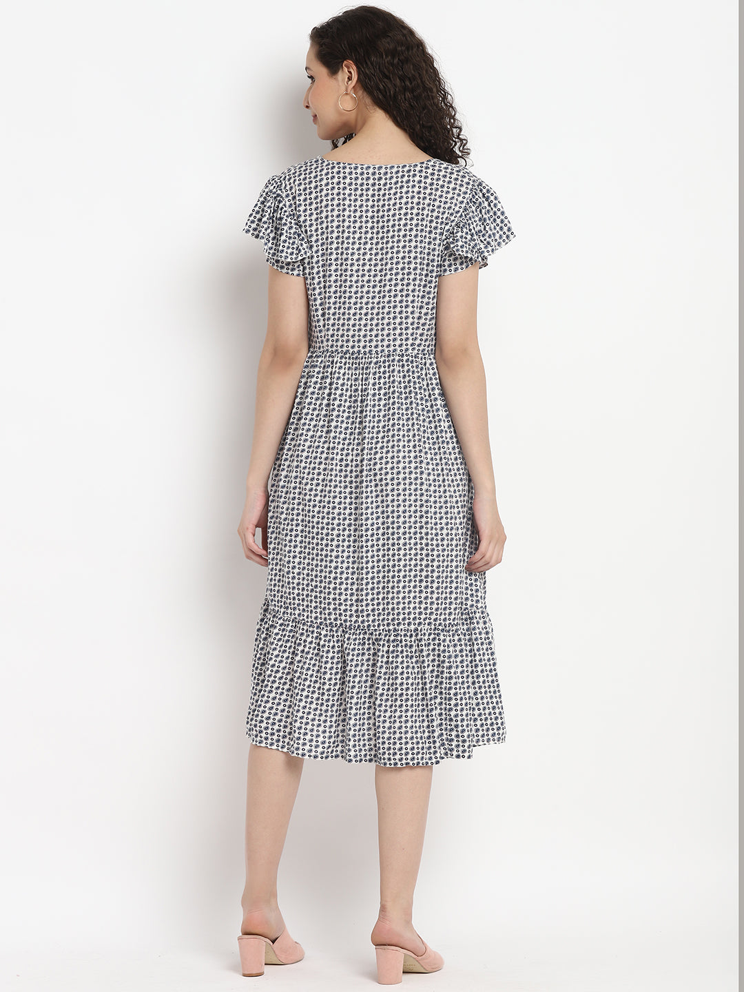 Porsorte Womens Ditsy Print White Blue Knee length Flap Sleeve Dress