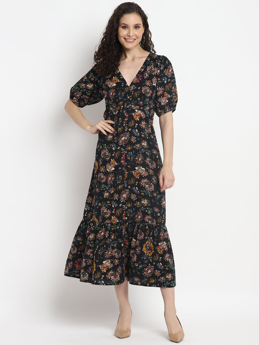 Porsorte Womens Floral Print Black Puff Sleeve Midi Dress