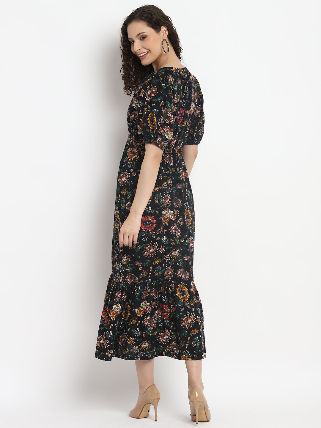 Porsorte Womens Floral Print Black Puff Sleeve Midi Dress