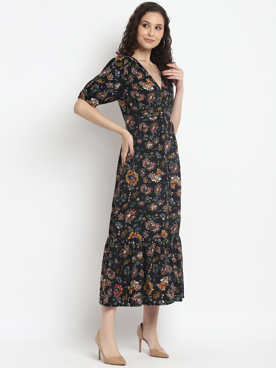 Porsorte Womens Floral Print Black Puff Sleeve Midi Dress