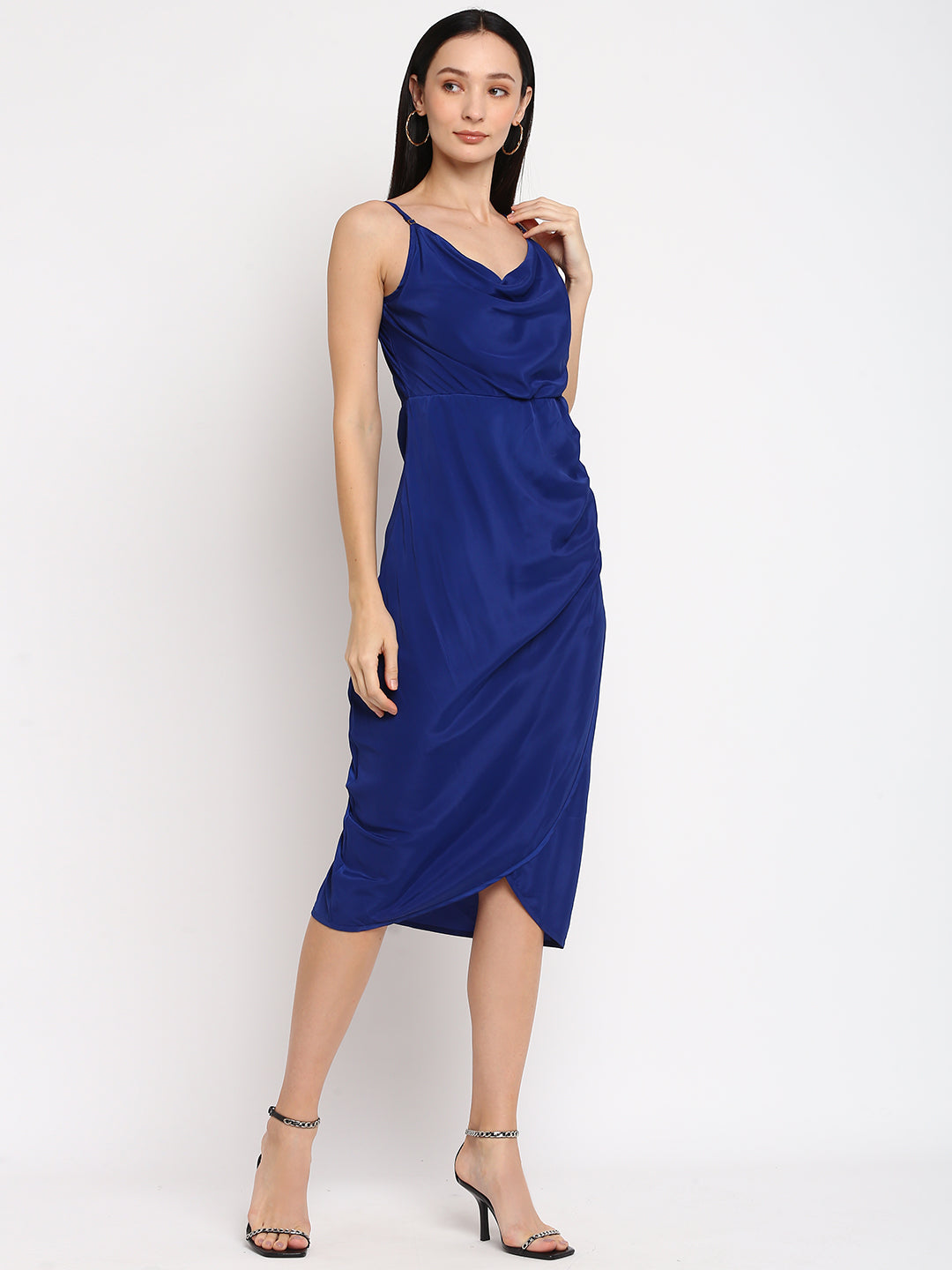 Porsorte Womens Partywear Cowl Neck Blue Midi Dress